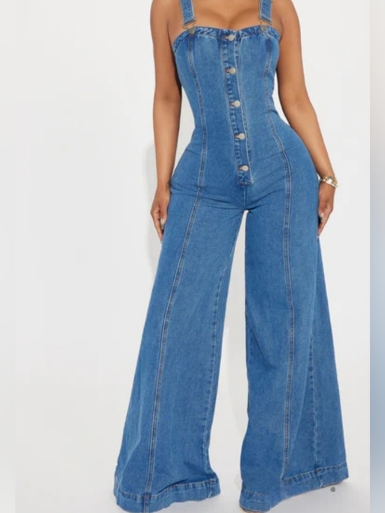SHEIN Denim - SHEIN Curve Blue Denim Wide-Leg Corset Jumpsuit Sz 1X
